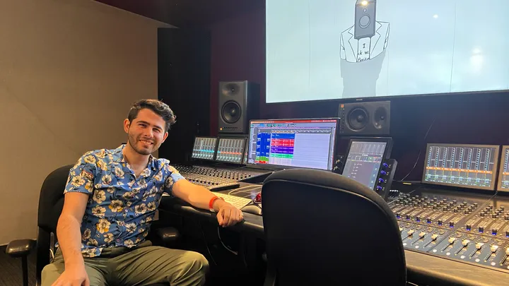 Oliver Boon at the mixing desk in his post-production studio